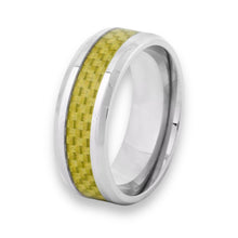 Tungsten Ring Yellow Gold Carbon Fiber Inlay Silver Beveled Edge Band