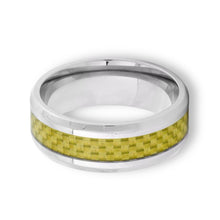 Tungsten Ring Yellow Gold Carbon Fiber Inlay Silver Beveled Edge Band