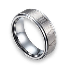 Tungsten Ring Romantic Roman Numeral Etched Silver Brushed Band