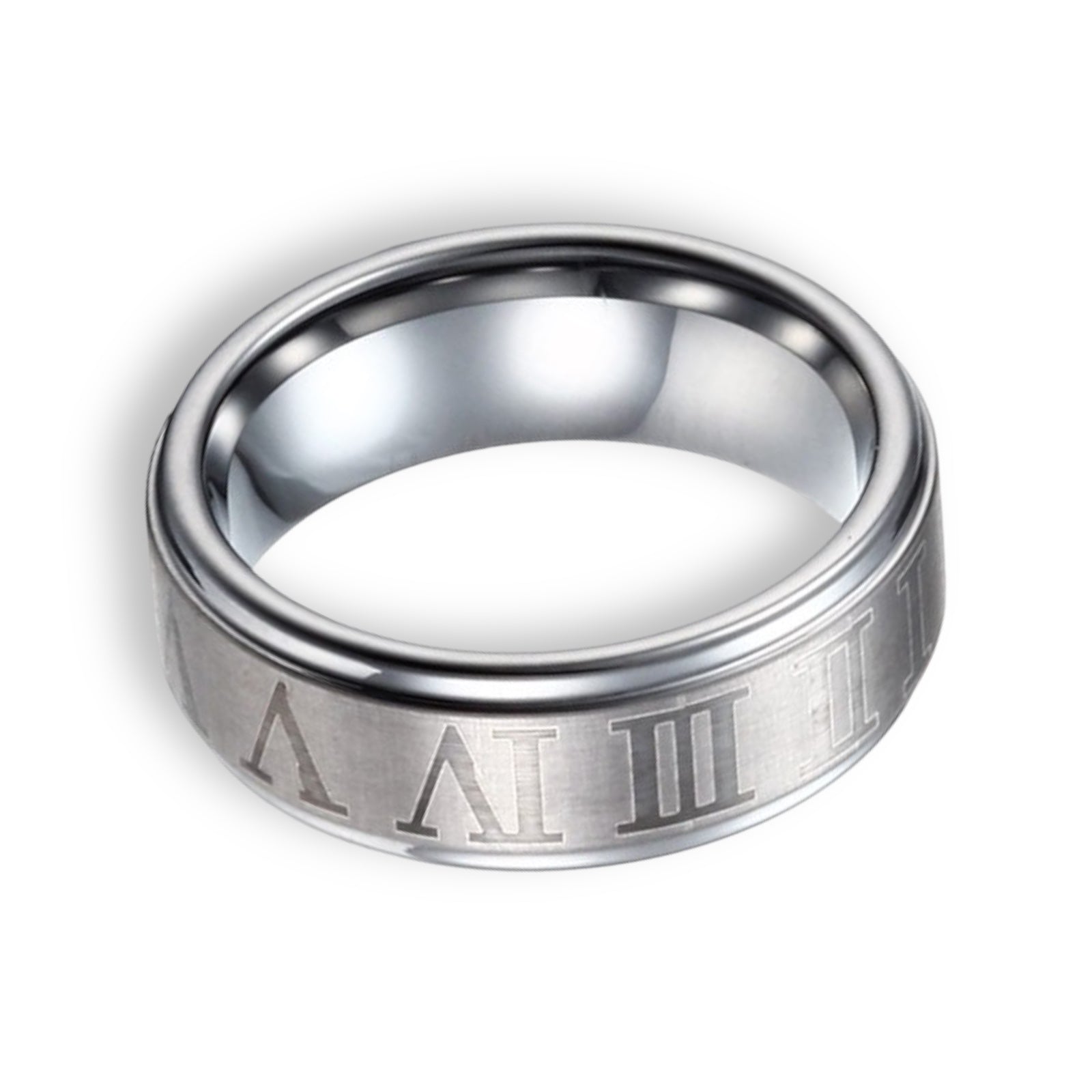 Tungsten Ring Romantic Roman Numeral Etched Silver Brushed Band