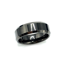 Tungsten Ring Silver Beveled Edges Black Center Glossy High Polish Band