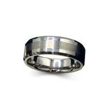 Tungsten Ring High Polish Finish Center Silver Ceramic Inlay Beveled Edges Band
