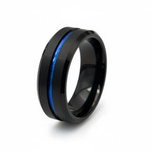 Tungsten Ring Thin Blue Line Center Recessed Stripe Black Brushed Beveled Edges Band