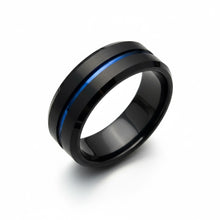 Tungsten Ring Thin Blue Line Center Recessed Stripe Black Brushed Beveled Edges Band
