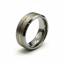 Tungsten Ring Center Yellow Stripe Polished Silver Beveled Edges Band