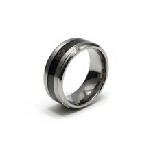 Tungsten Ring Black Carbon Fiber Inlay And Silver Beveled Edge Band