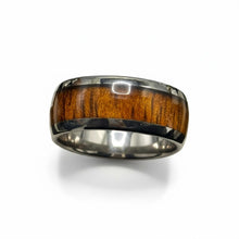 Tungsten Ring Domed Wood Inlay Silver Polished Beveled Edges Band