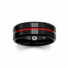 Tungsten Ring Red Grooved Center Brushed Black Beveled Edges Band