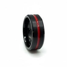 Tungsten Ring Red Grooved Center Brushed Black Beveled Edges Band