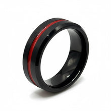 Tungsten Ring Red Grooved Center Brushed Black Beveled Edges Band
