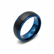 Tungsten Ring Raised Center Black Brushed Matte Finish And Blue Edges Band