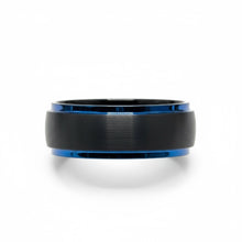 Tungsten Ring Raised Center Black Brushed Matte Finish And Blue Edges Band