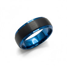Tungsten Ring Raised Center Black Brushed Matte Finish And Blue Edges Band