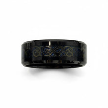 Tungsten Ring Blue Celtic Dragon Inlay Beveled Black Band