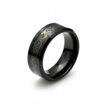 Tungsten Ring Blue Celtic Dragon Inlay Beveled Black Band