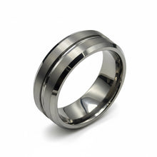Tungsten Ring Silver Brushed Satin Finish With Recessed Stripe And Beveled Edges Band