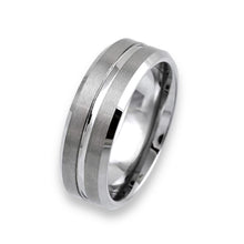 Tungsten Ring Silver Brushed Satin Finish With Recessed Stripe And Beveled Edges Band