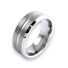 Tungsten Ring Silver Brushed Satin Finish With Recessed Stripe And Beveled Edges Band