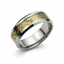 Tungsten Ring Yellow Celtic Dragon On Silver Inlay Beveled Ledges Band