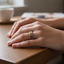 Tungsten Ring Yellow Celtic Dragon On Silver Inlay Beveled Ledges Band