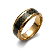 Tungsten Ring Black Carbon Fiber Inlay And Gold Beveled Edge Band