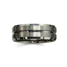 Tungsten Ring Silver Brushed Satin Finish With Recessed Stripe And Beveled Edges Band