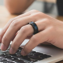 Tungsten Ring Thin Blue Line Center Recessed Stripe Black Brushed Beveled Edges Band