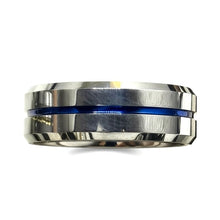 Tungsten Ring Center Blue Stripe Polished Silver Beveled Edges Band