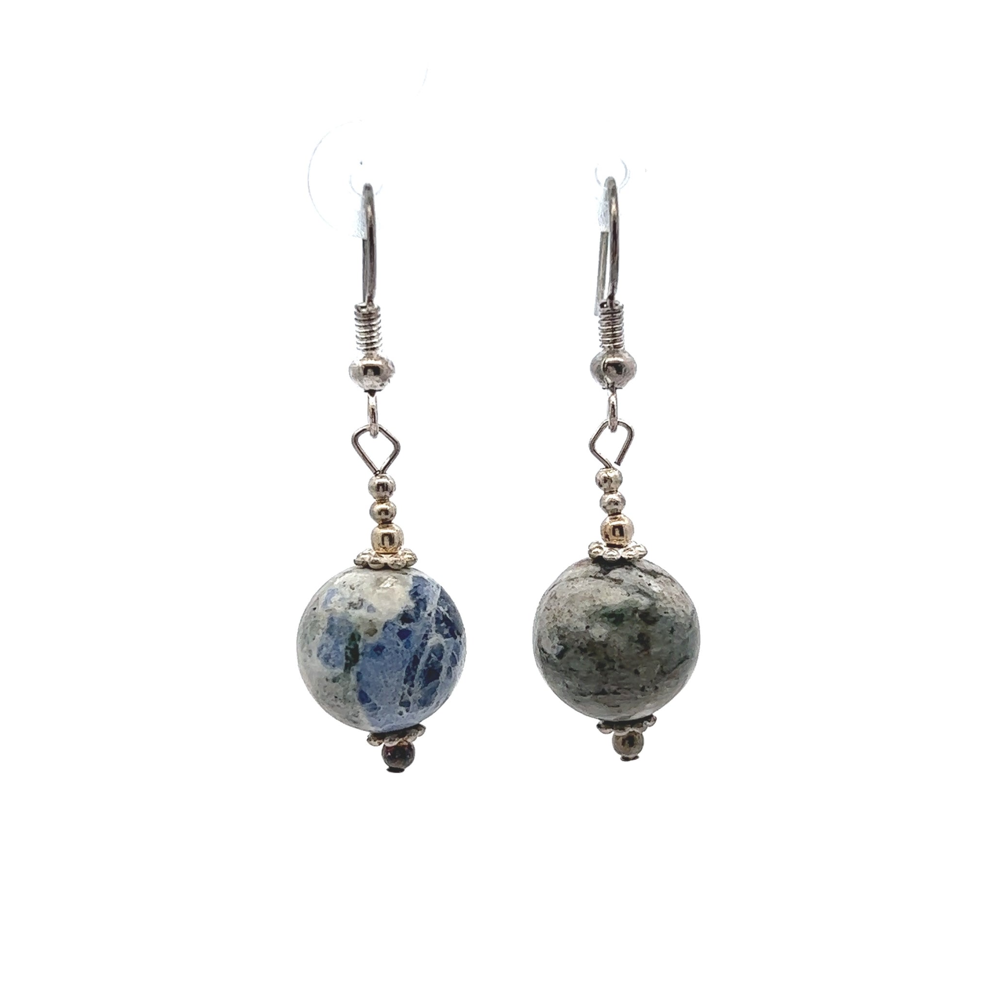 Blue White Sodalite 12mm Ball Plain Dangle Gemstone Earrings