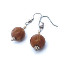 Brown Wood 12mm Ball Plain Dangle Gemstone Earrings