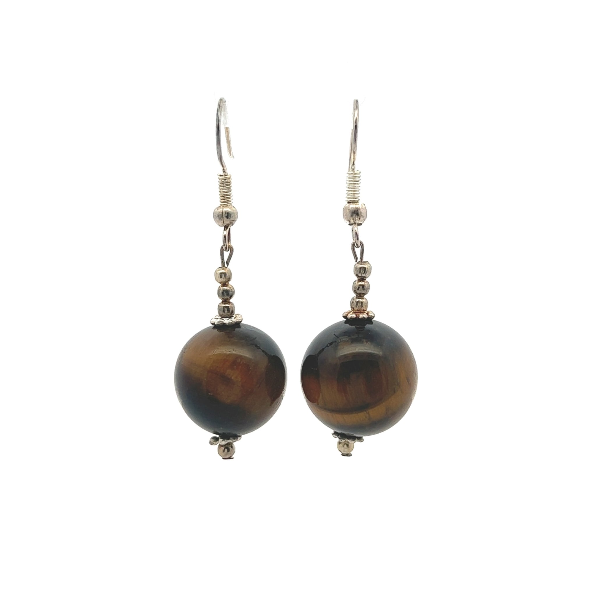 Brown Tiger's Eye 15mm Ball Plain Dangle Gemstone Earrings