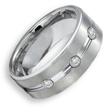 Tungsten Ring Brushed Pipe Cut With Cubic Zirconia Gems Silver Brushed 8mm Band