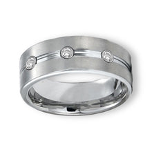 Tungsten Ring Brushed Pipe Cut With Cubic Zirconia Gems Silver Brushed 8mm Band