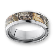 Tungsten Ring Forest Hunting Camo Yellow/Tan Inlay Beveled Edges Band