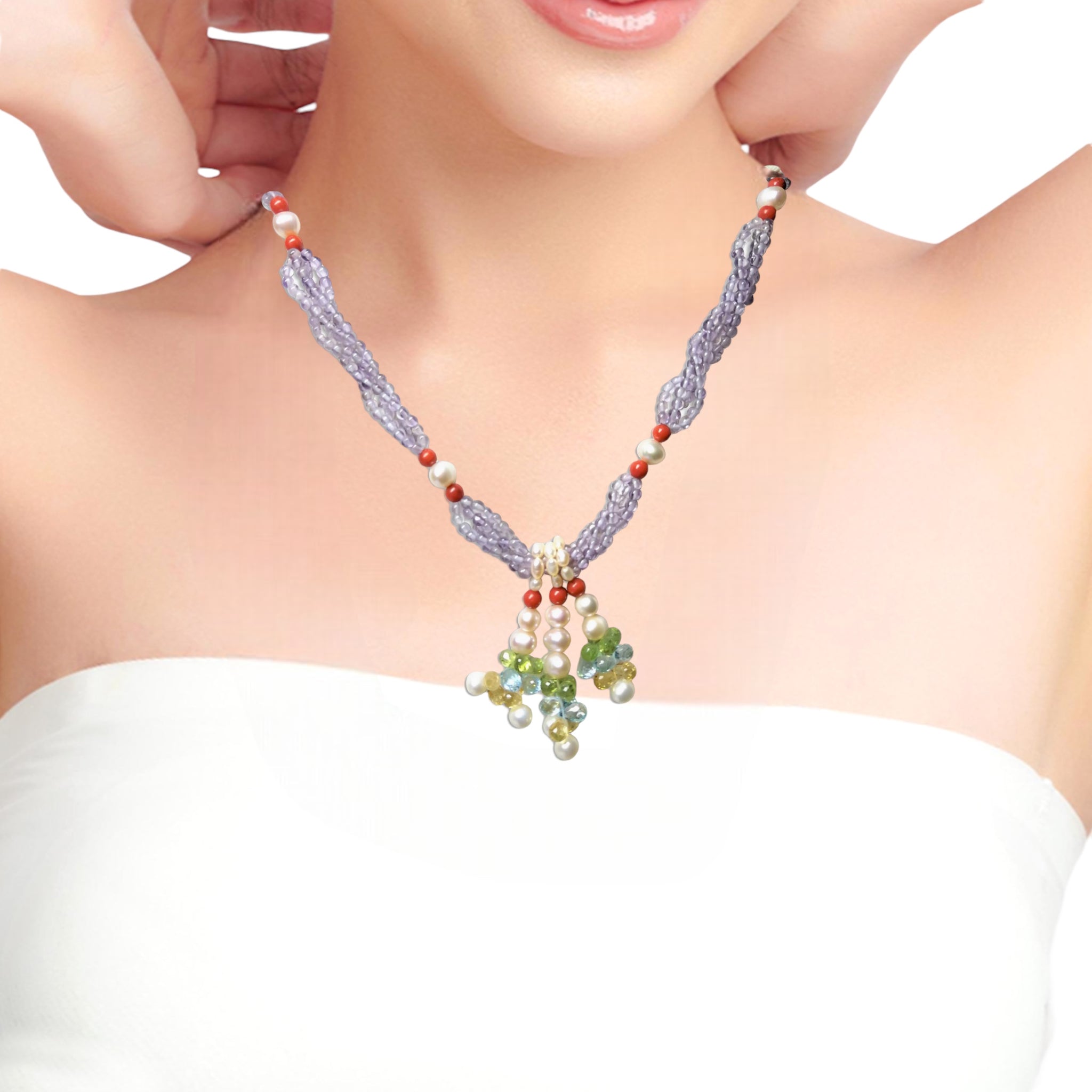 Natural Handmade Necklace 16"-18" Amethyst, Citrine, Peridot, Pearls Gemstone Beads Jewelry