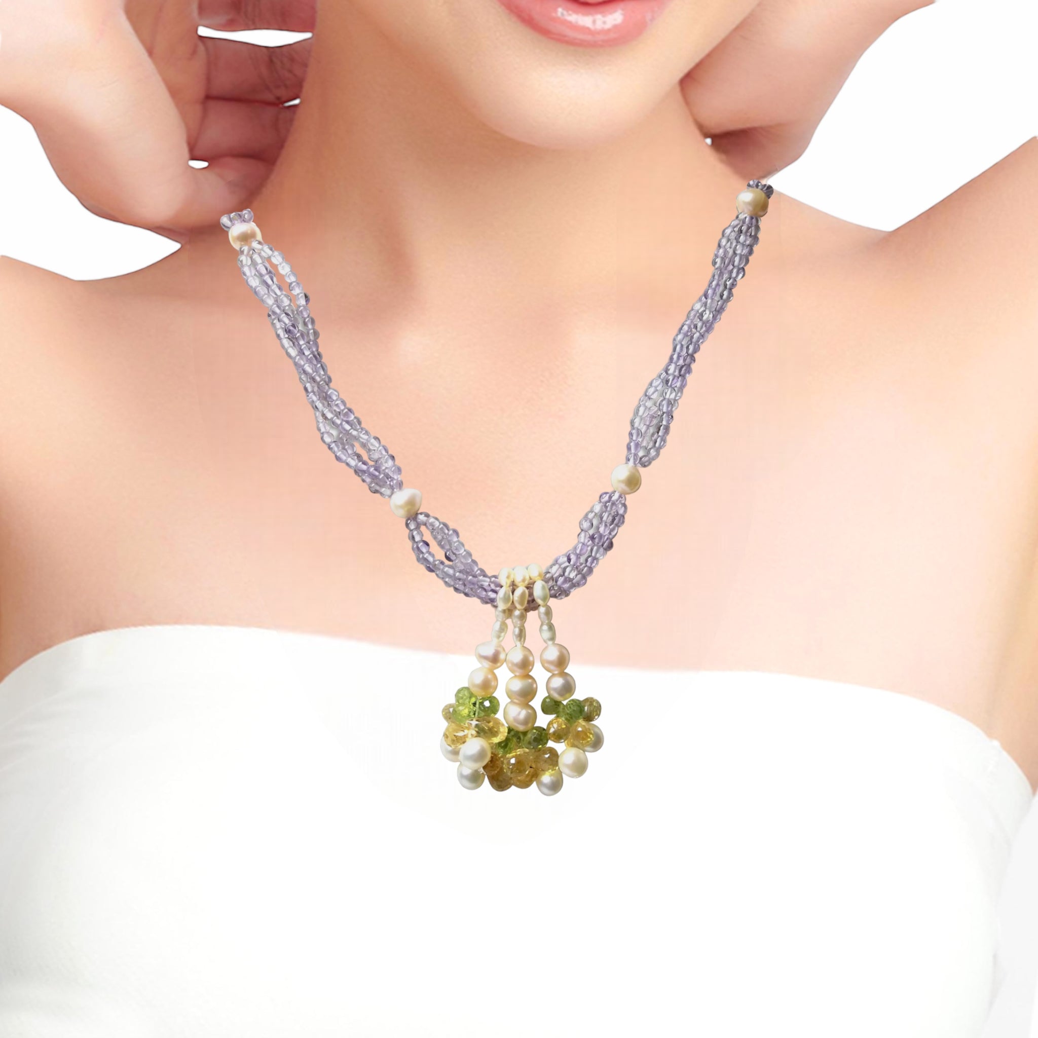 Natural Handmade Necklace 16"-18" Amethyst, Peridot, Citrine, Pearls Gemstone Beads Jewellery