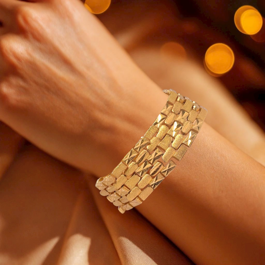Yellow Gold Micron Plated Geometric Bracelet – Textured Links & Shiny Accents