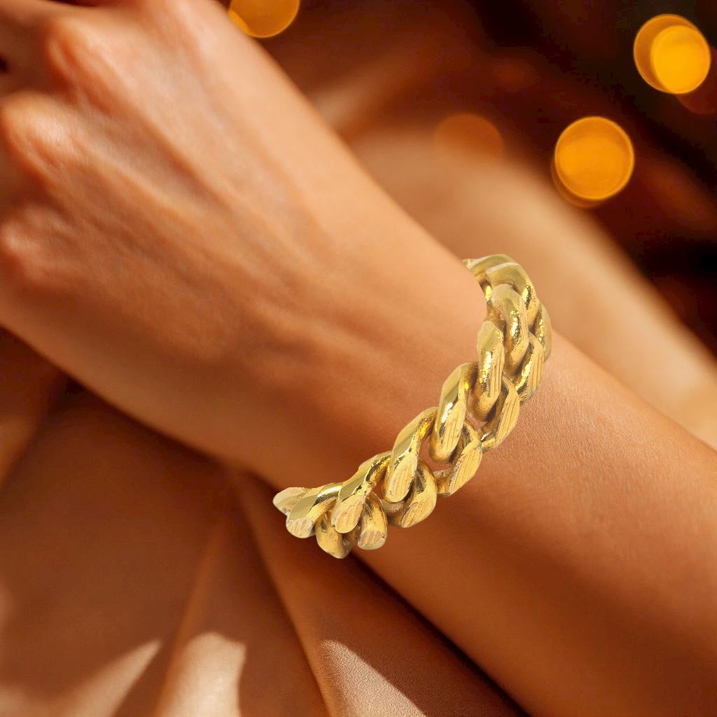 Yellow Gold Plated Modern Chain Bracelet – Diagonal Etched Curb Link Design