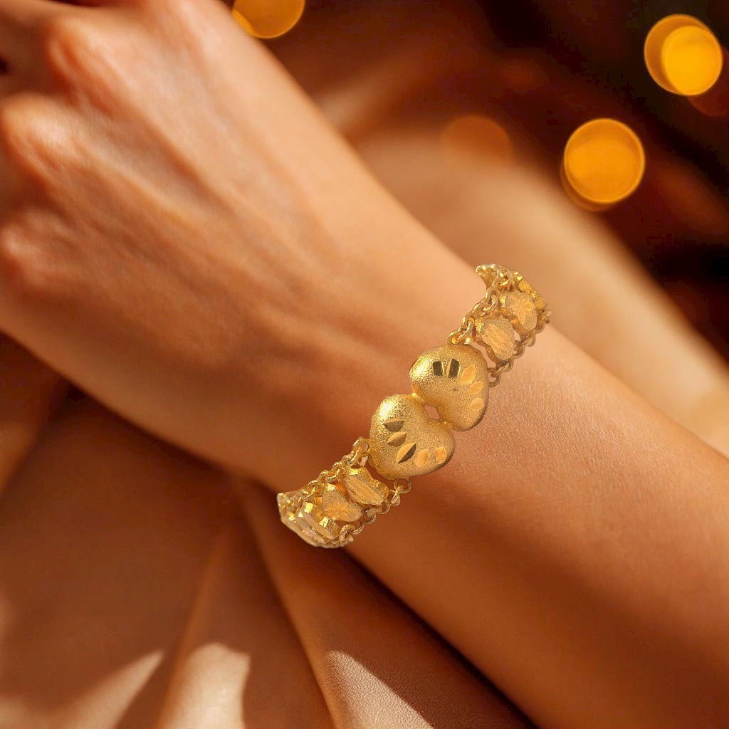 Yellow Gold Micron Plated Bracelet – Engraved Hearts & Layered Chain Design