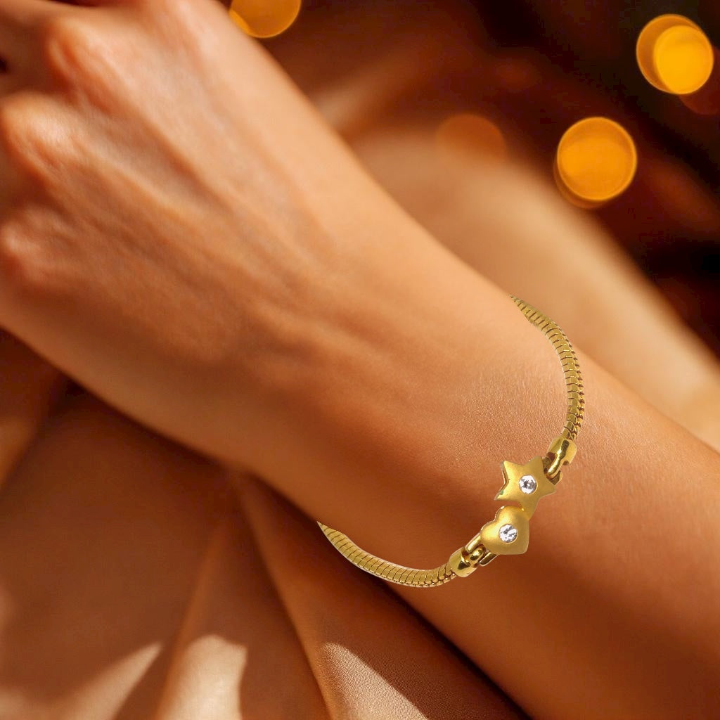 Yellow Gold Micron Plated Snake Chain Bracelet – Heart & Star Charms with CZ Sparkle