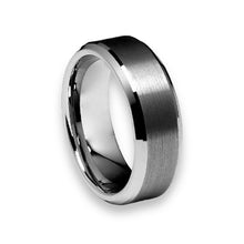 Tungsten Ring High Brushed Satin Center Silver Beveled Edges Band