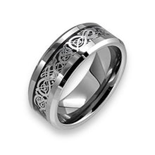Tungsten Ring Silver Celtic Dragon On Black Inlay Beveled Ledges Band