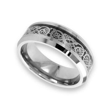 Tungsten Ring Silver Celtic Dragon On Black Inlay Beveled Ledges Band