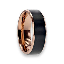 Tungsten Ring Black Brushed Flat Center Rose Gold Plated Inside With Beveled Edges Band