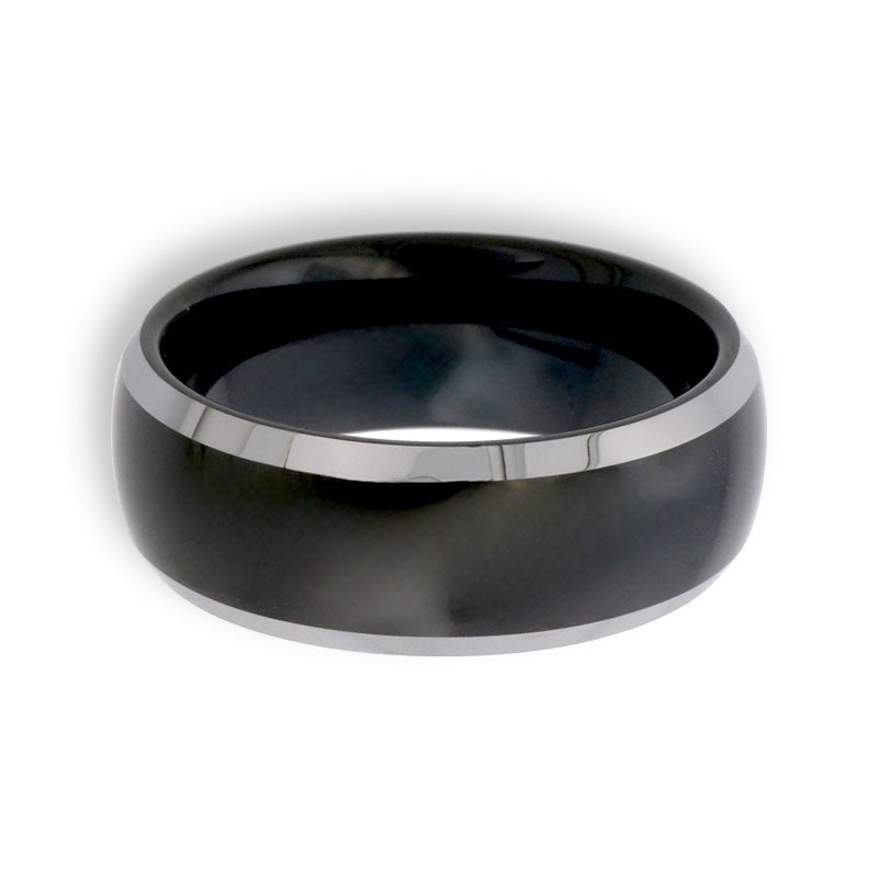 Tungsten Ring Domed Glossy Black Center Step Edges  Band