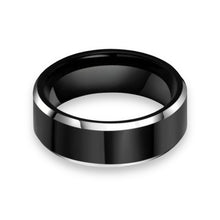 Tungsten Ring Silver Beveled Edges Black Center Glossy High Polish Band