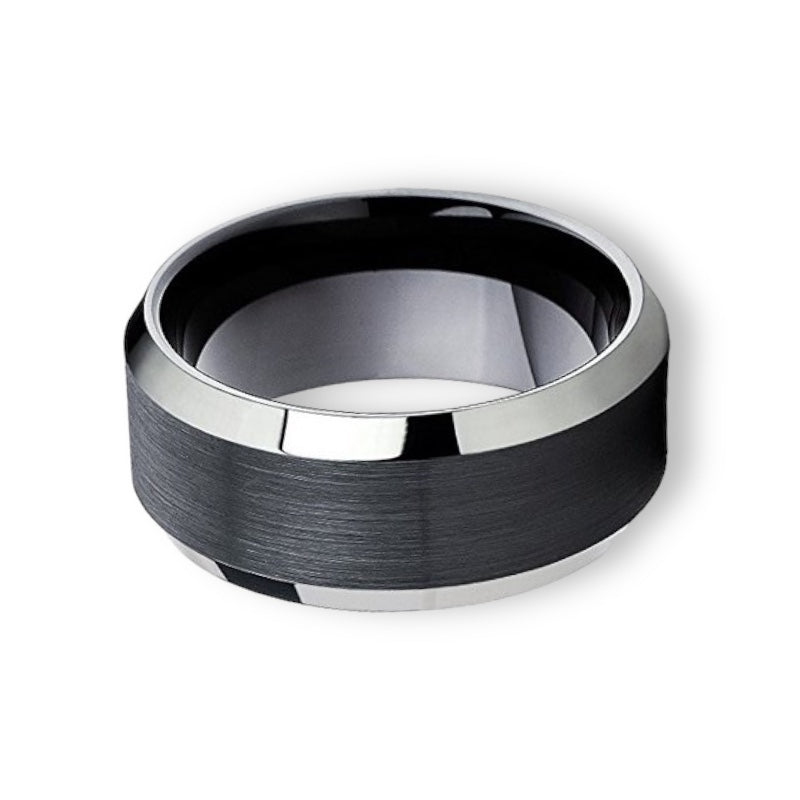 Tungsten Ring Black Satin Center Stripe Silver Beveled Edges Band