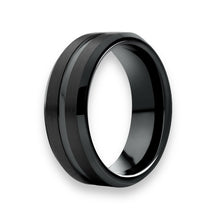 Tungsten Ring Black Center Channel Groove Satin Texture Polished Tapered Edges Band