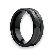 Tungsten Ring Black Center Channel Groove Satin Texture Polished Tapered Edges Band