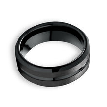 Tungsten Ring Black Center Channel Groove Satin Texture Polished Tapered Edges Band